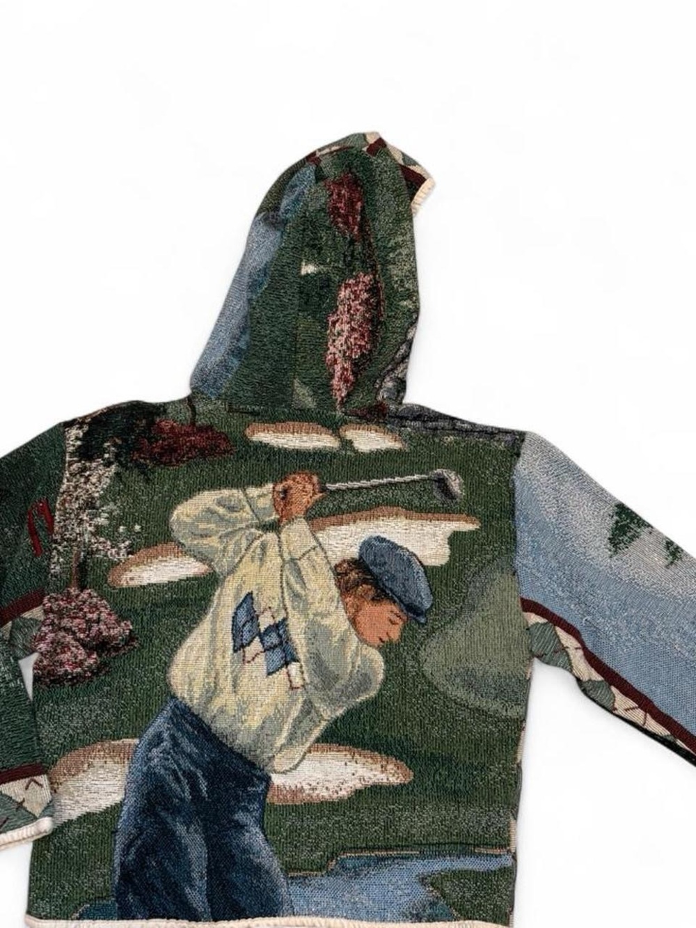 Up cycled Golf Tapestry Hoodie in Green with Multicolor Golf Motif